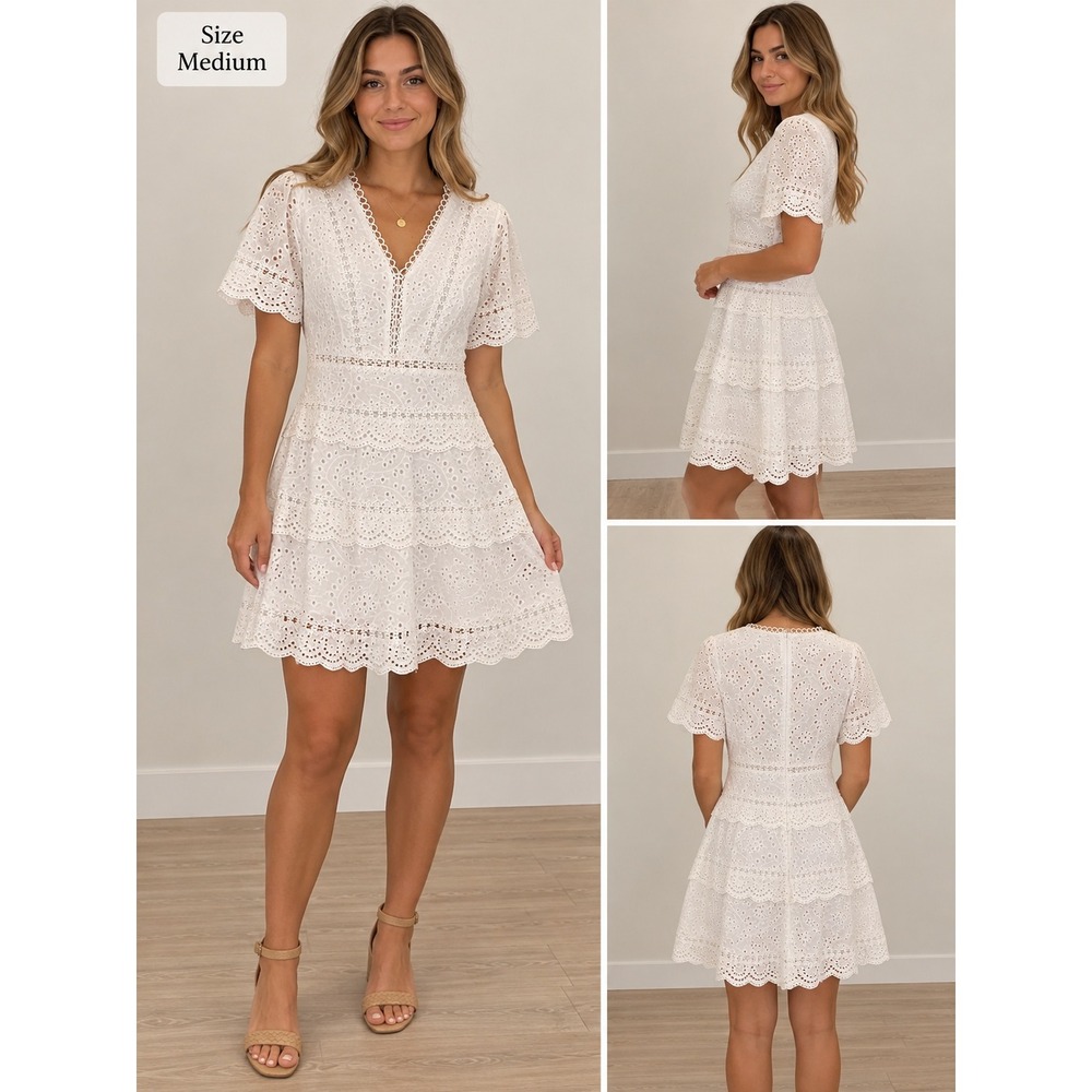 Sunday Mi Amor White Eyelet Mini Dress Tiered Lace V-Neck Medium NWOT